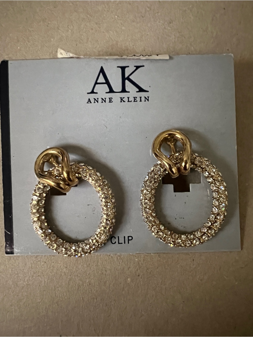 Vintage Anne Klein Gold Crystal Pave Hoop Clip-On Earrings